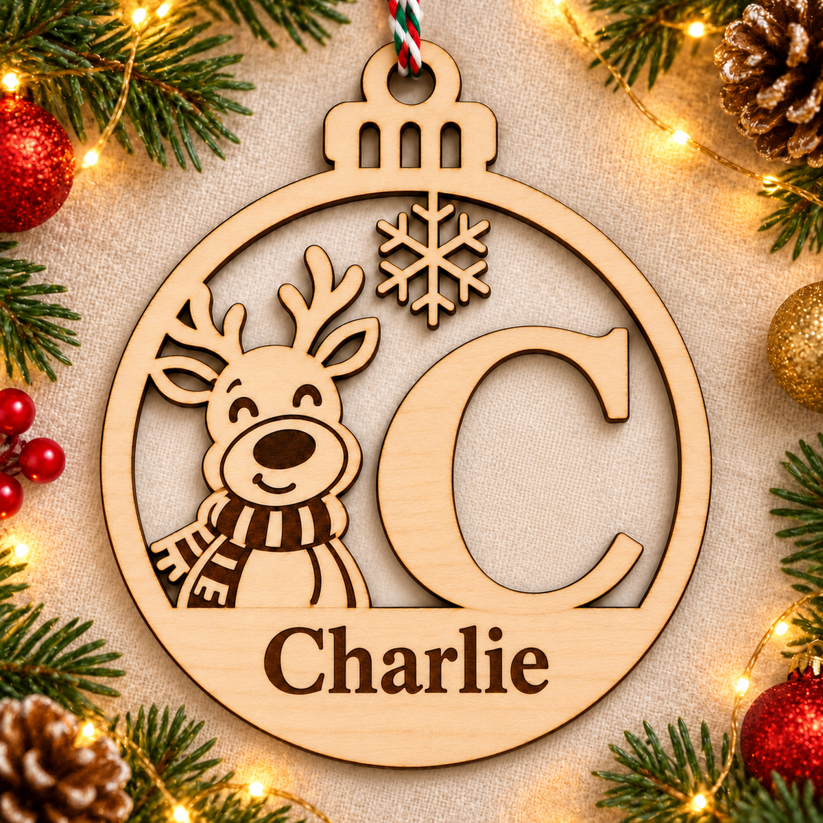 Personalised basswood reindeer initial Christmas bauble – letter C