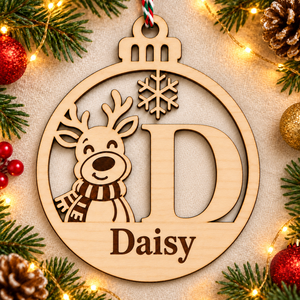 Personalised basswood reindeer initial Christmas bauble – letter D