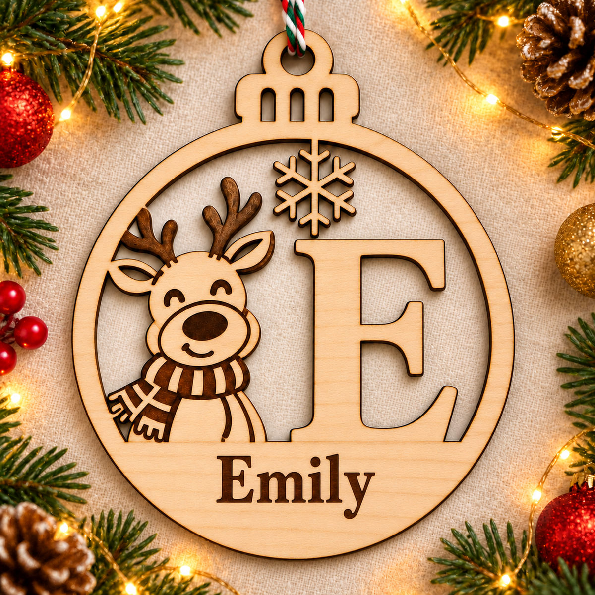 Personalised basswood reindeer initial Christmas bauble – letter E