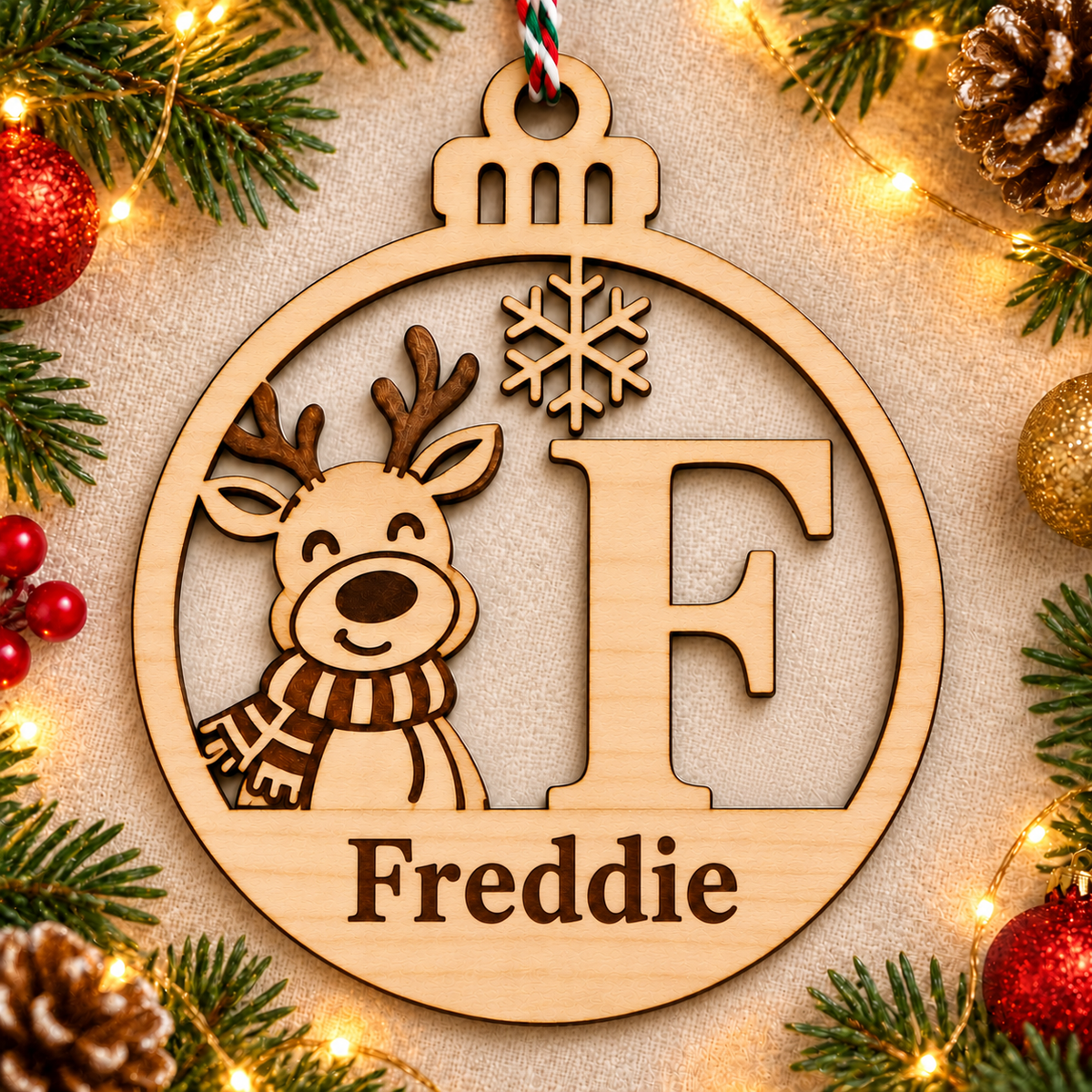 Personalised basswood reindeer initial Christmas bauble – letter F