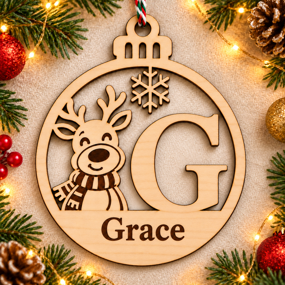 Personalised basswood reindeer initial Christmas bauble – letter G