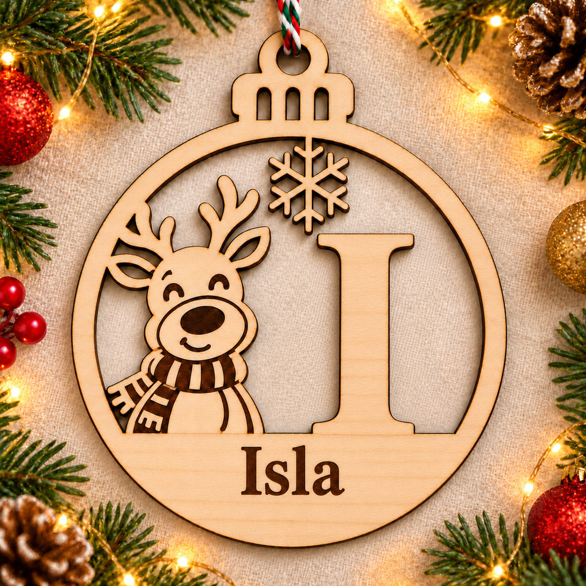Personalised basswood reindeer initial Christmas bauble – letter I