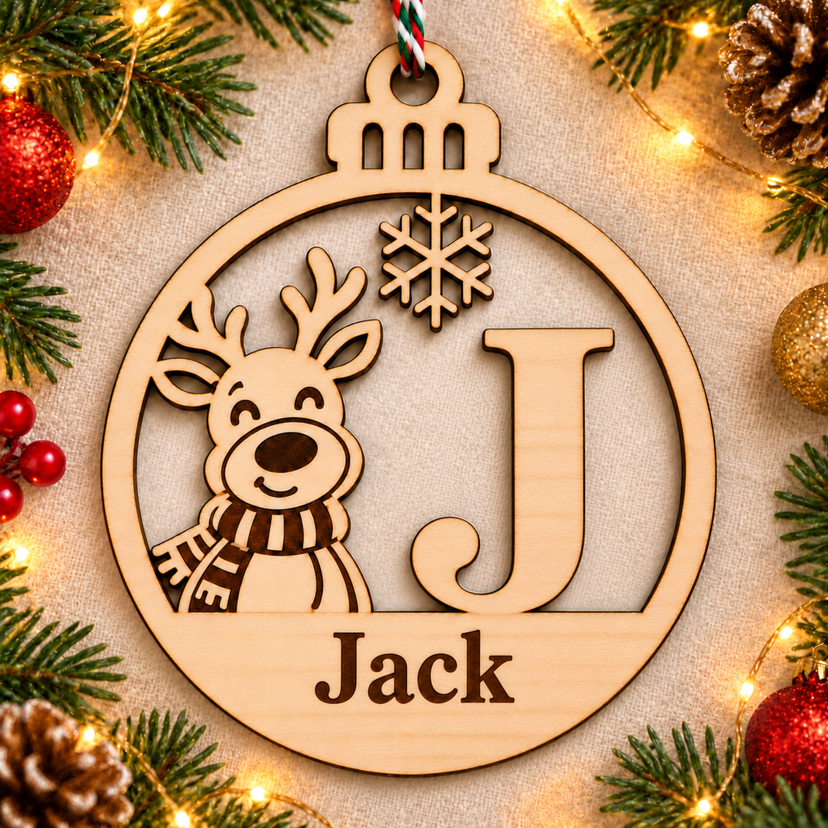 Personalised basswood reindeer initial Christmas bauble – letter J