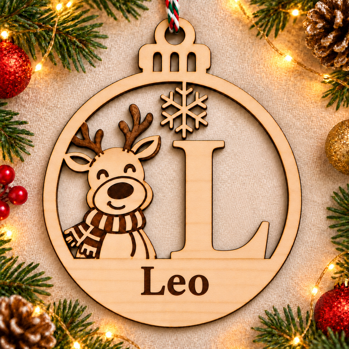 Personalised basswood reindeer initial Christmas bauble – letter L