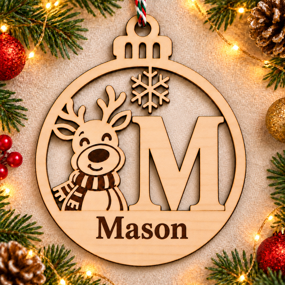 Personalised basswood reindeer initial Christmas bauble – letter M