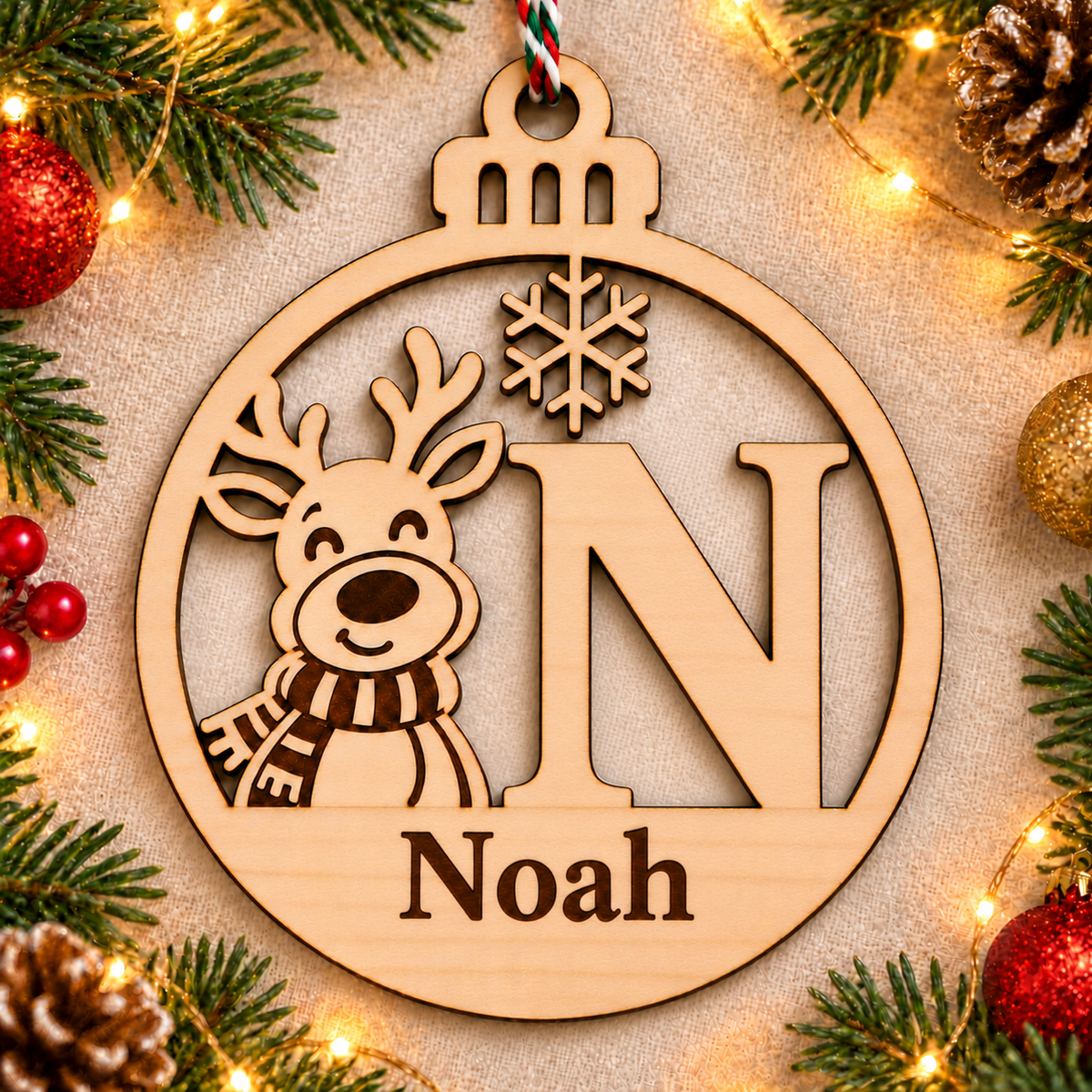 Personalised basswood reindeer initial Christmas bauble – letter N