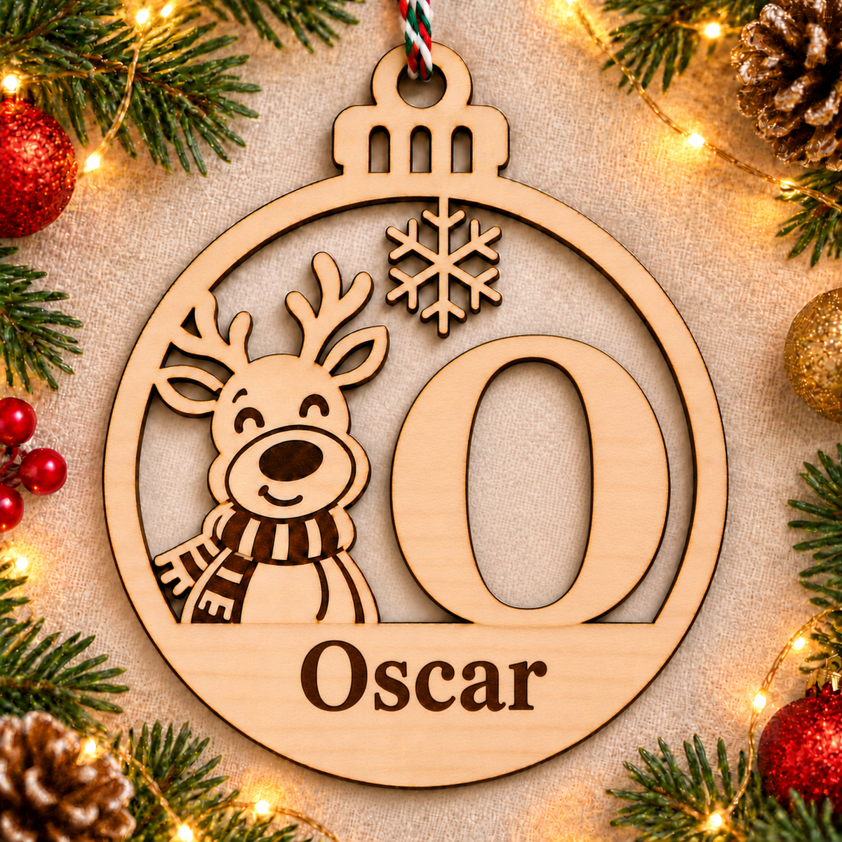 Personalised basswood reindeer initial Christmas bauble – letter O