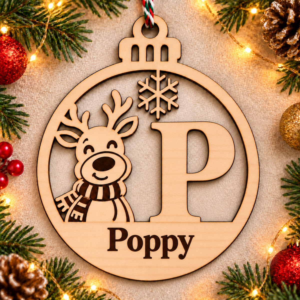 Personalised basswood reindeer initial Christmas bauble – letter P