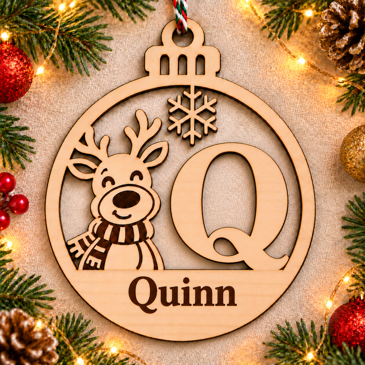 Personalised basswood reindeer initial Christmas bauble – letter Q