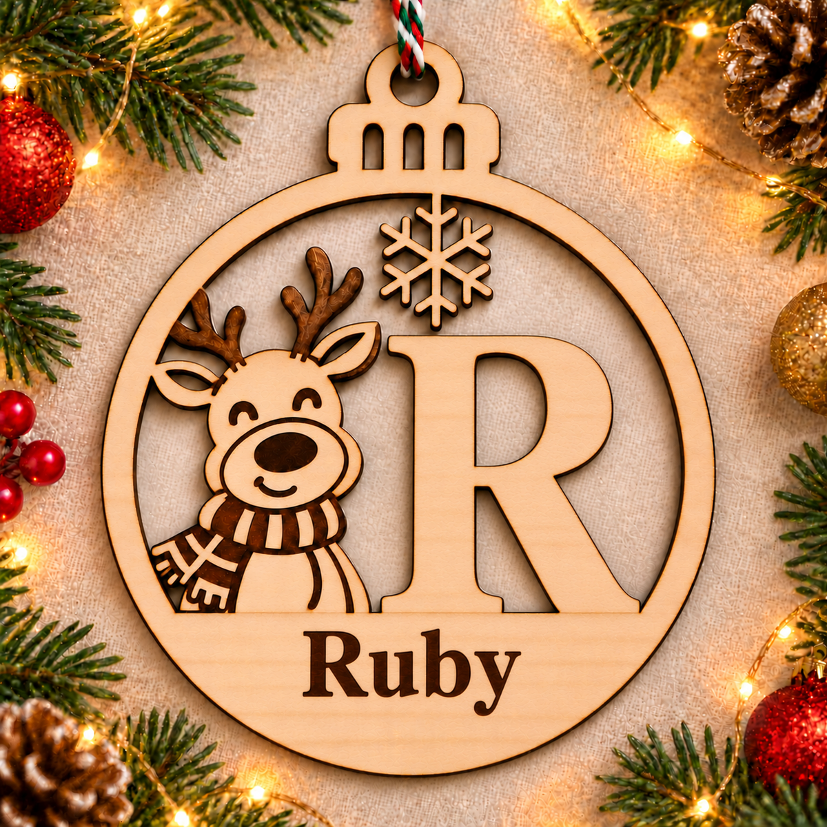 Personalised basswood reindeer initial Christmas bauble – letter R