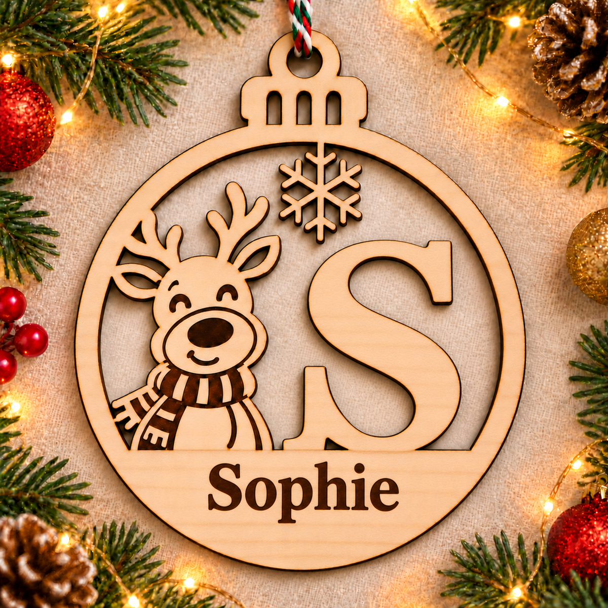 Personalised basswood reindeer initial Christmas bauble – letter S
