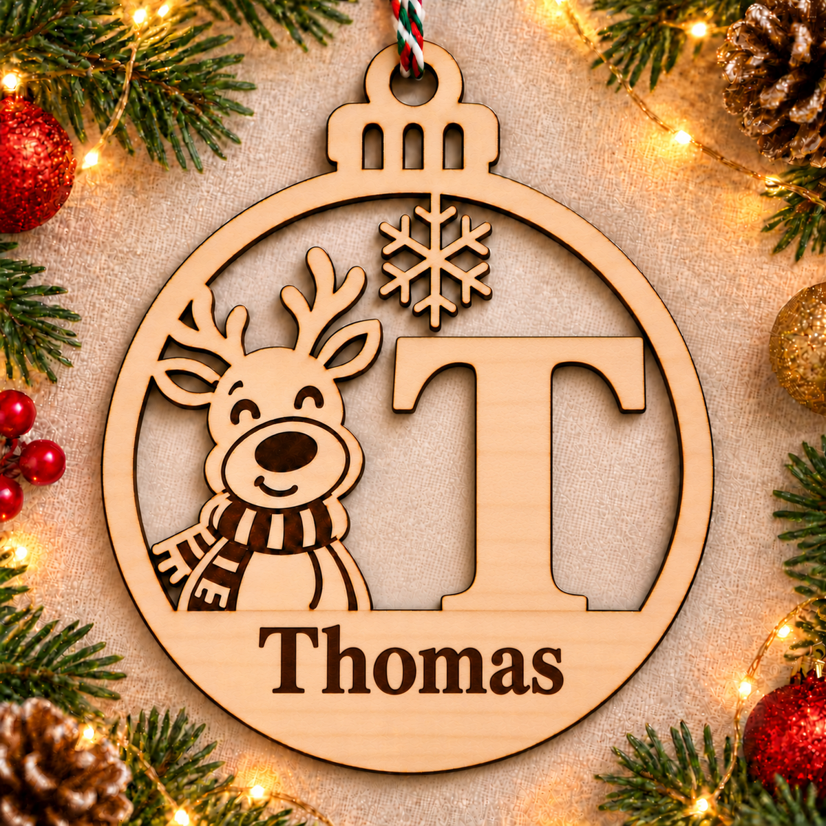 Personalised basswood reindeer initial Christmas bauble – letter T