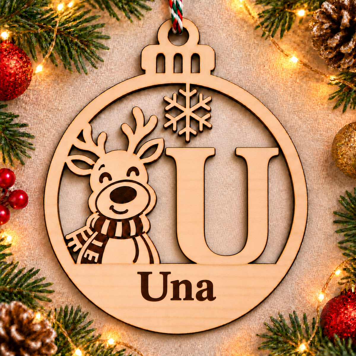 Personalised basswood reindeer initial Christmas bauble – letter U
