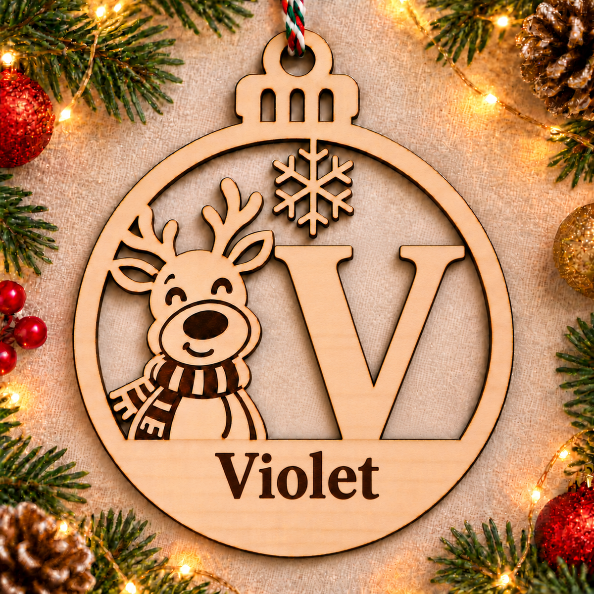 Personalised basswood reindeer initial Christmas bauble – letter V
