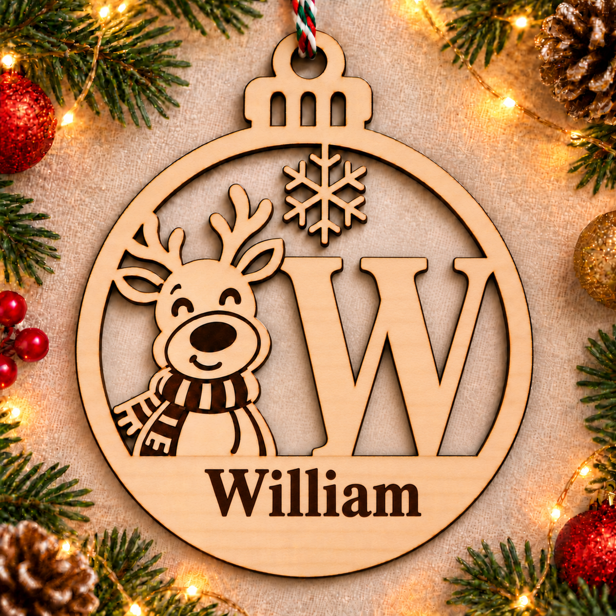 Personalised basswood reindeer initial Christmas bauble – letter W