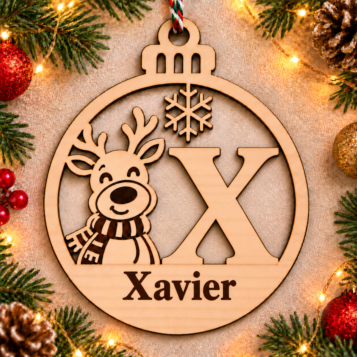Personalised basswood reindeer initial Christmas bauble – letter X
