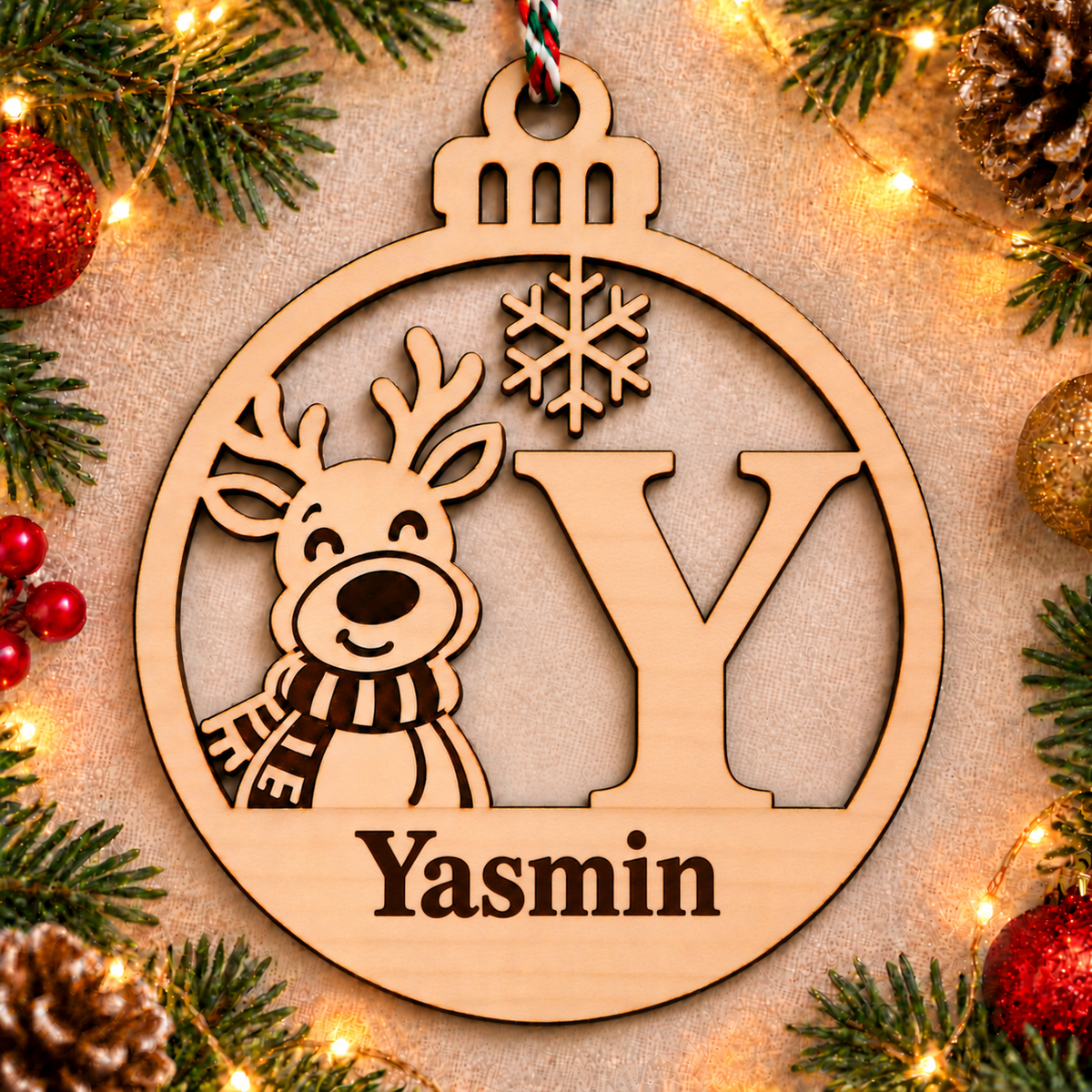 Personalised basswood reindeer initial Christmas bauble – letter Y