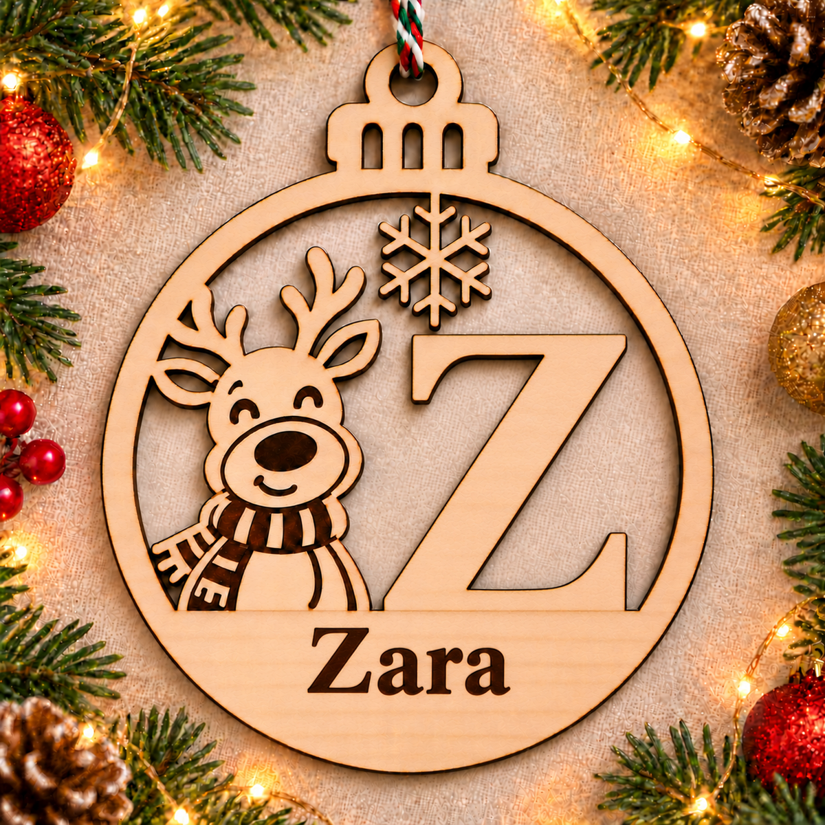 Personalised basswood reindeer initial Christmas bauble – letter Z