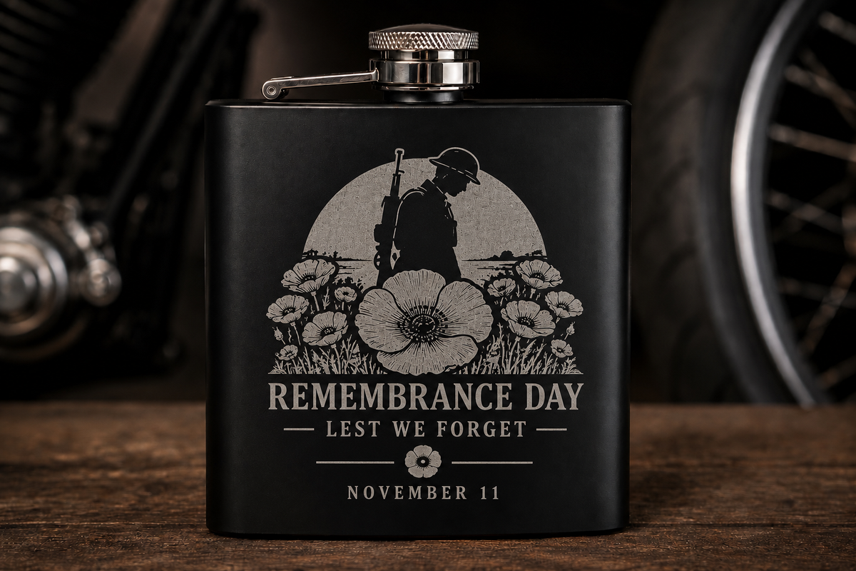 Remembrance Day engraved matte black hip flask