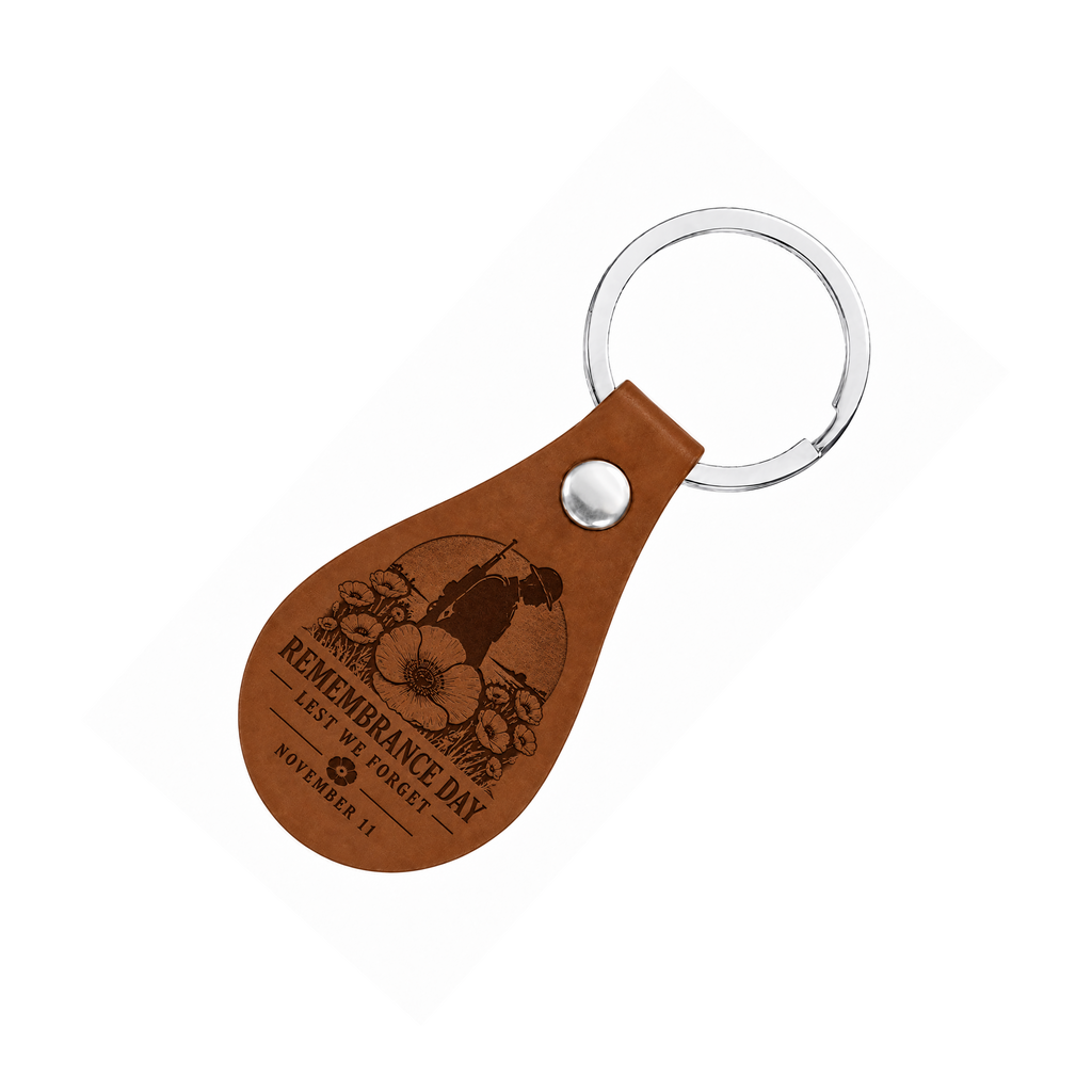Remembrance Day engraved leather keyring shown in full