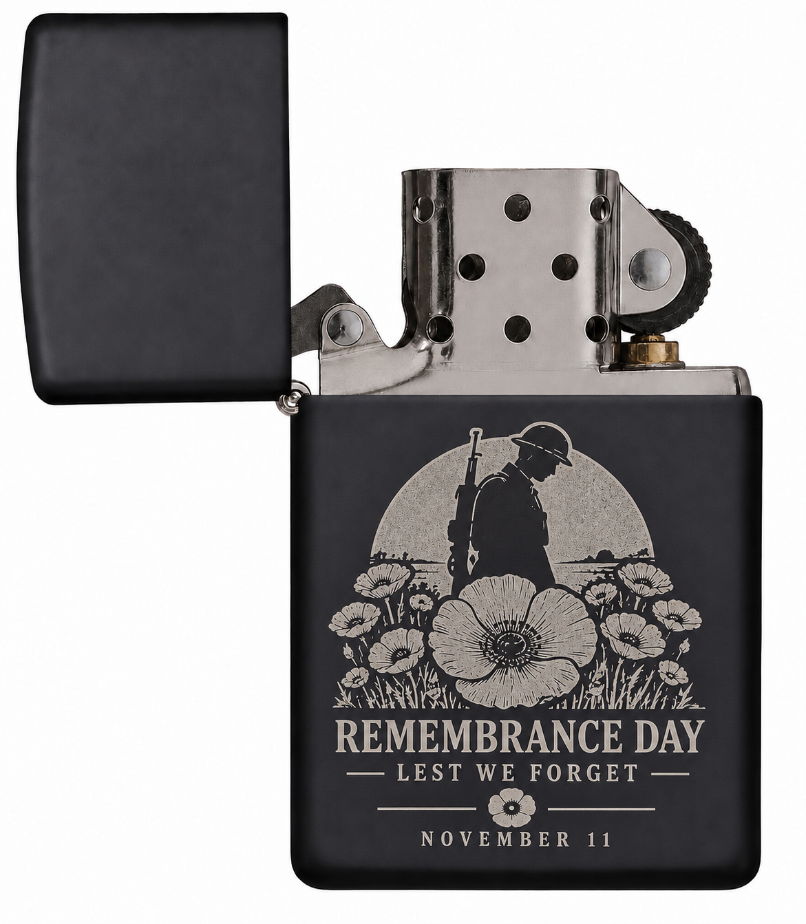 Remembrance Day engraved matte black lighter