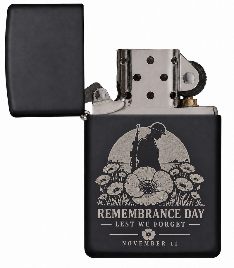 Remembrance Day engraved matte black lighter