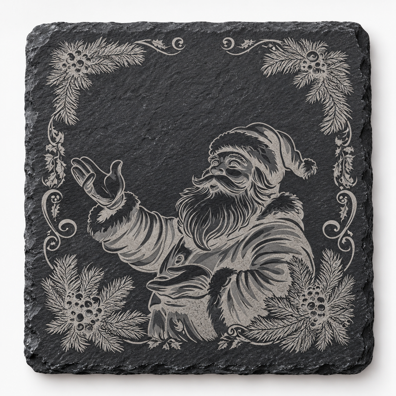 Santa Evergreen Frame Christmas Slate Coaster