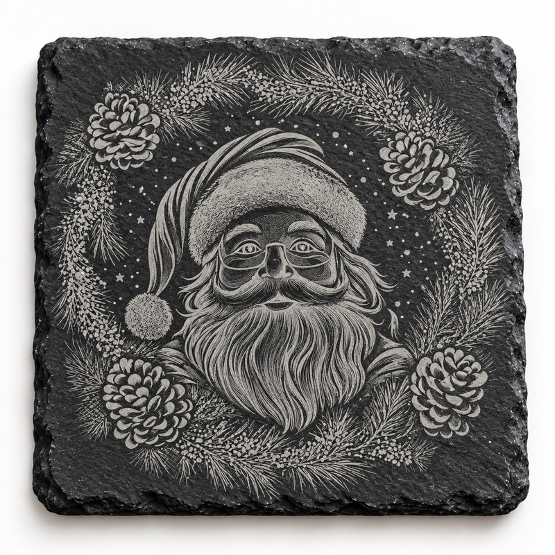 Santa Pine Wreath Christmas Slate Coaster
