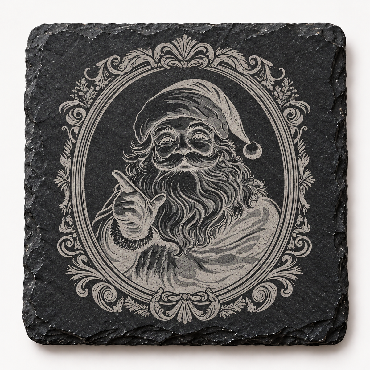 Santa Pointing Ornate Frame Christmas Slate Coaster