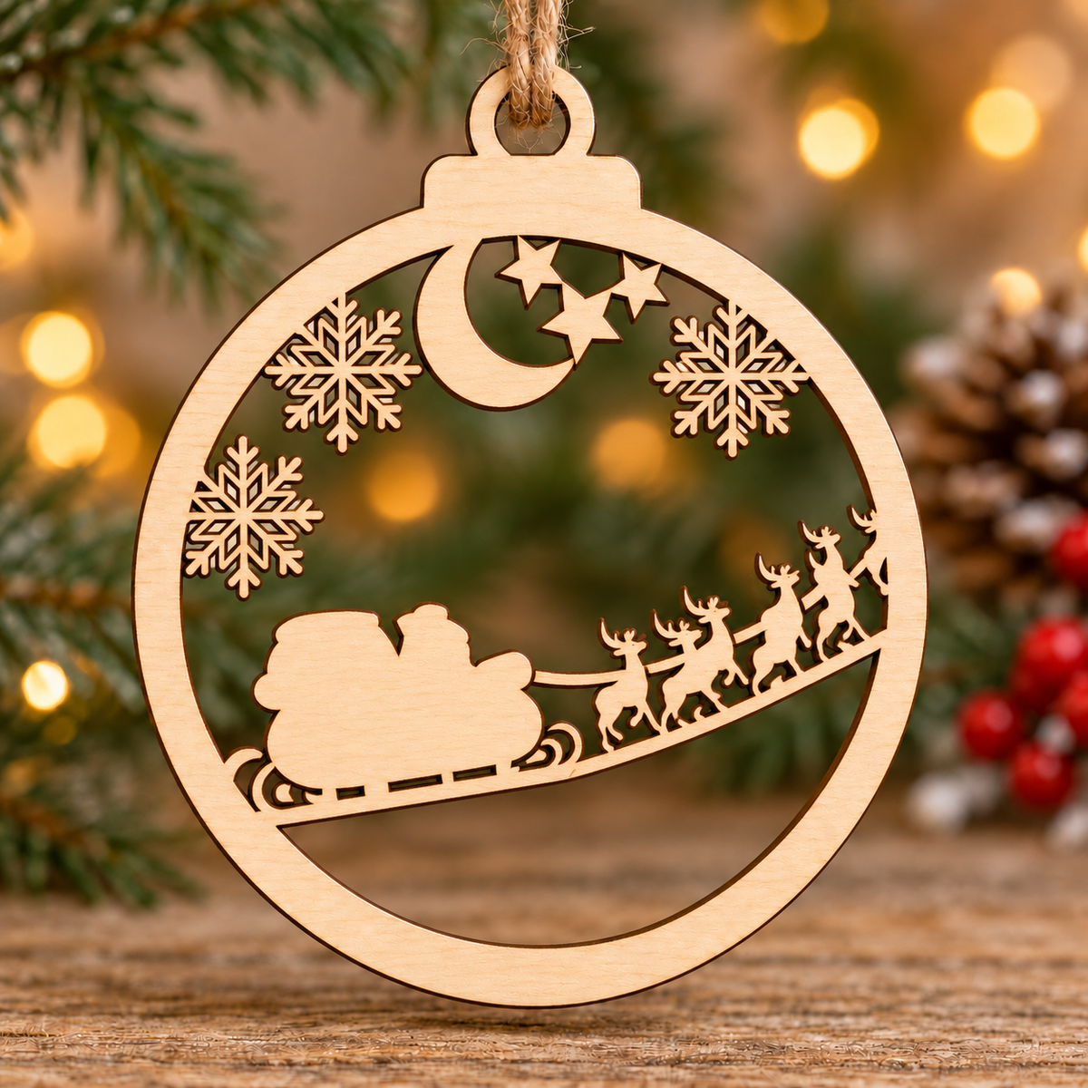 Santa Sleigh & Reindeer Snowflake Bauble
