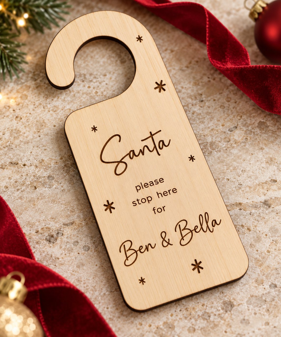 Personalised Santa Stop Here Basswood Door Hanger – Stars