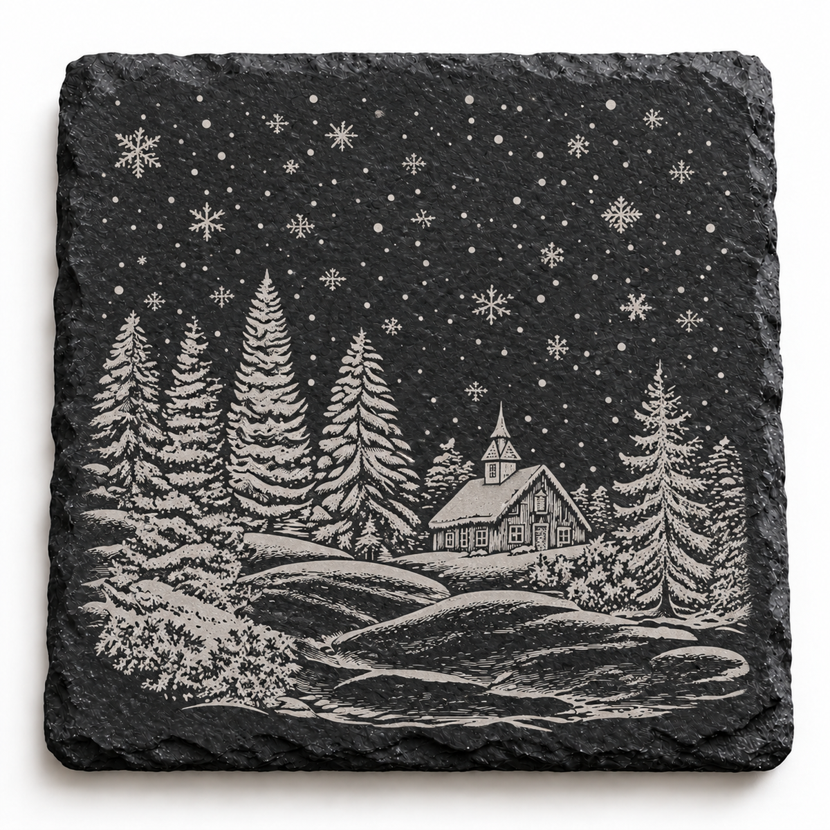 Snowy Church Scene Christmas Slate Coaster