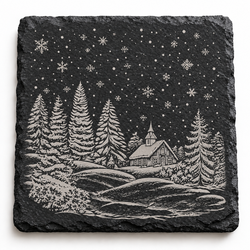 Snowy Church Scene Christmas Slate Coaster