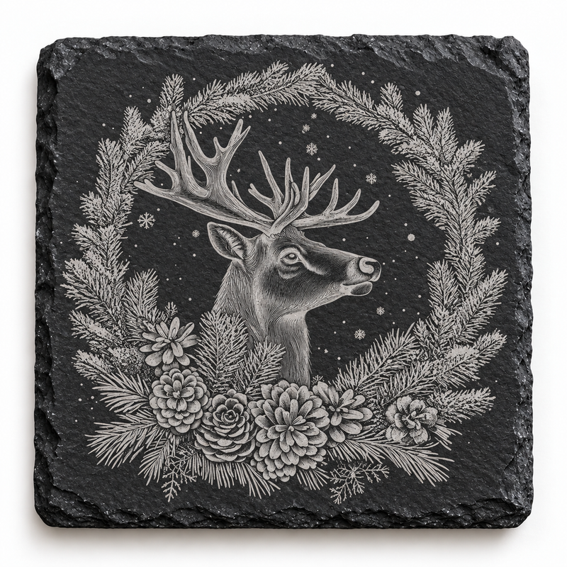Stag Floral Wreath Christmas Slate Coaster