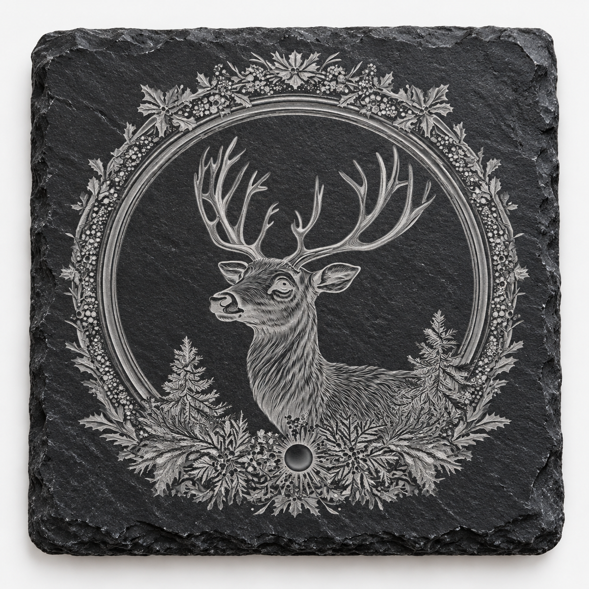 Stag Holly Wreath Christmas Slate Coaster