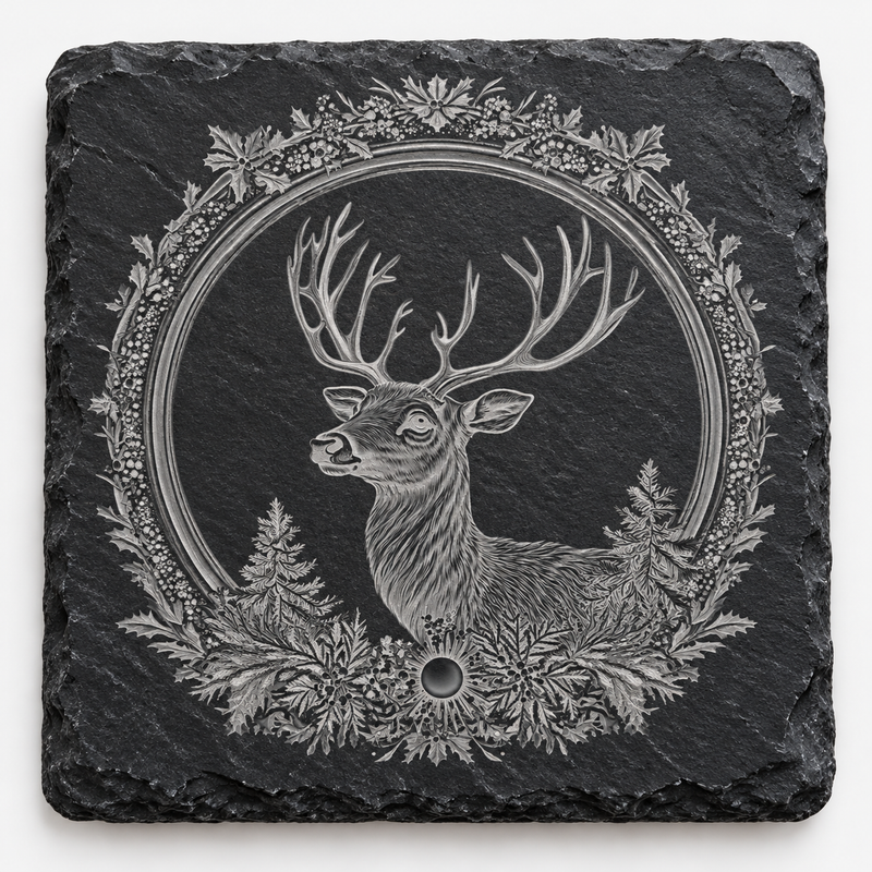 Stag Holly Wreath Christmas Slate Coaster