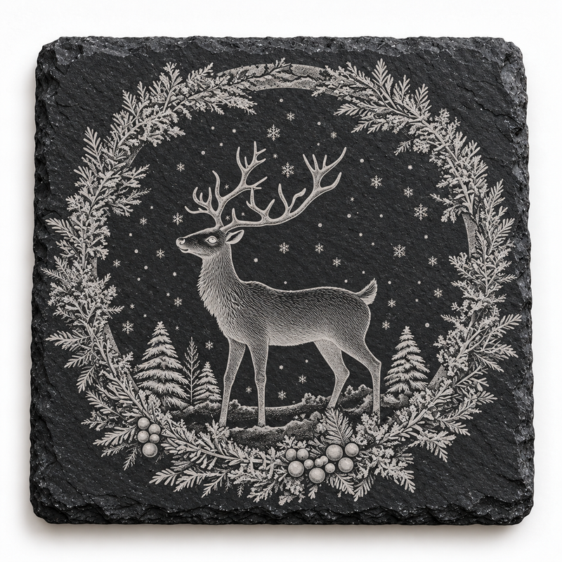 Stag Winter Scene Christmas Slate Coaster