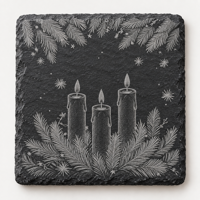 Three Christmas Candles & Pine Slate Coaster