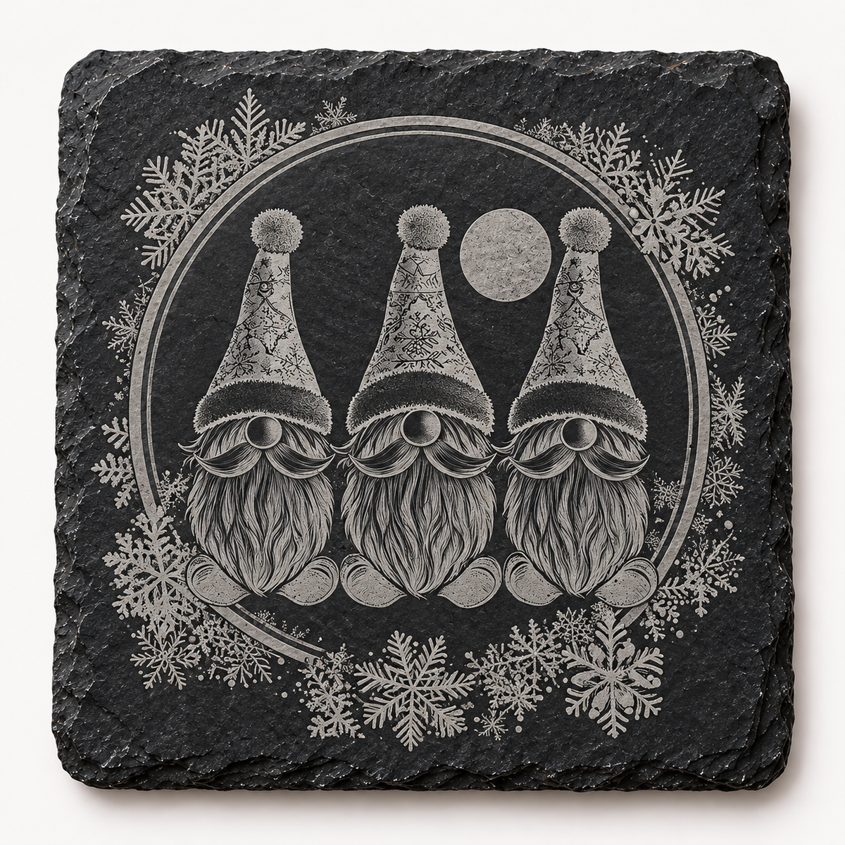 Three Christmas Gnomes Circle Slate Coaster