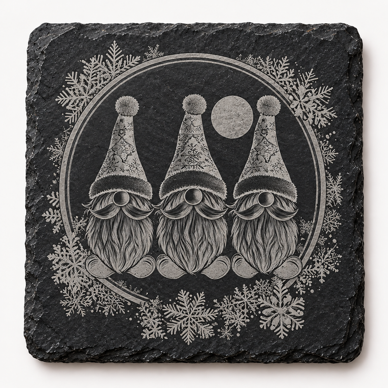 Three Christmas Gnomes Circle Slate Coaster