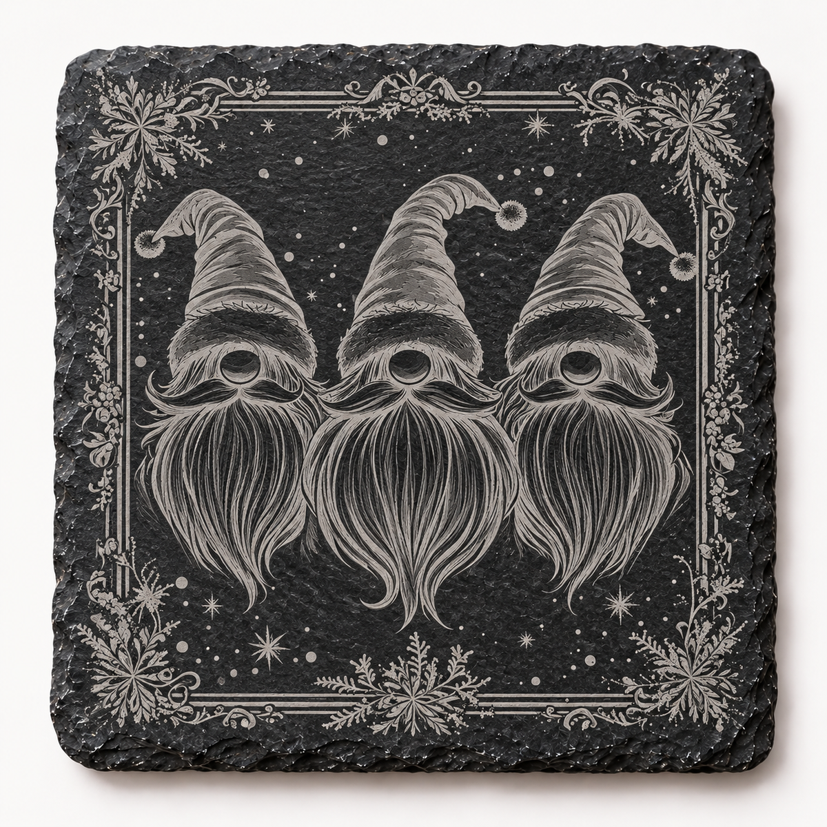 Three Gnome Heads Ornate Christmas Slate Coaster