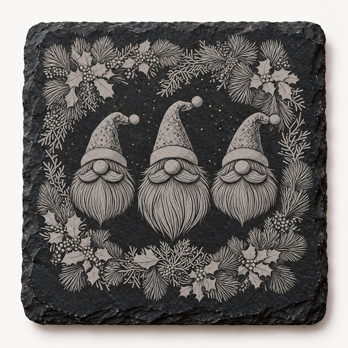 Three Gnomes Holly Wreath Christmas Slate Coaster