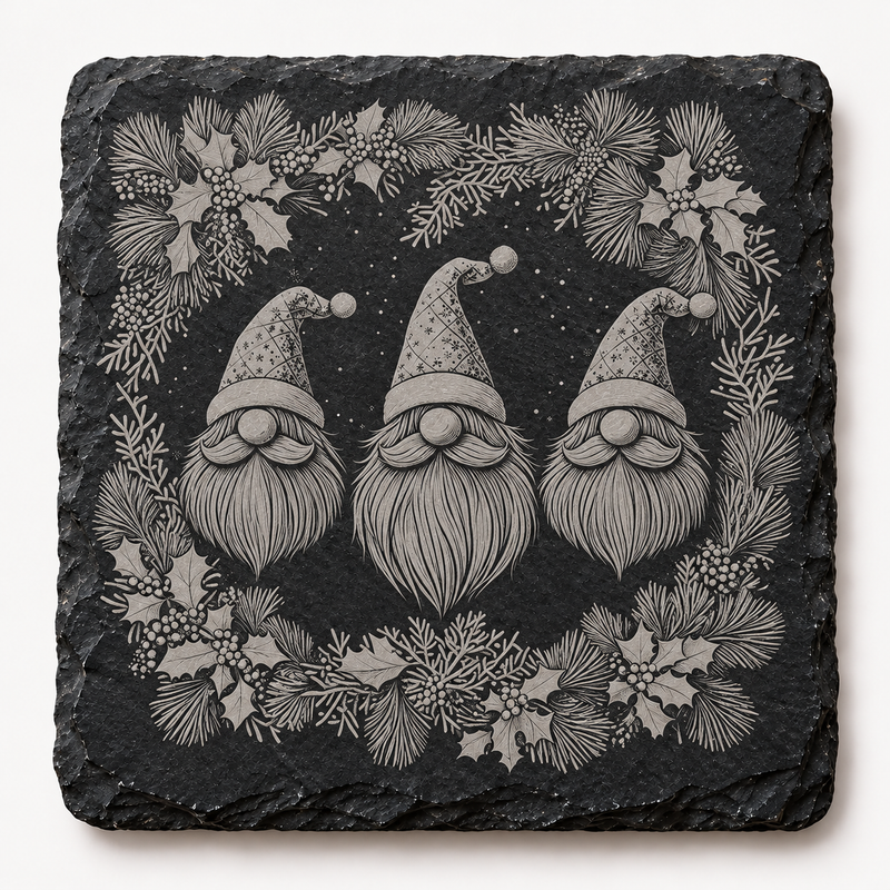 Three Gnomes Holly Wreath Christmas Slate Coaster