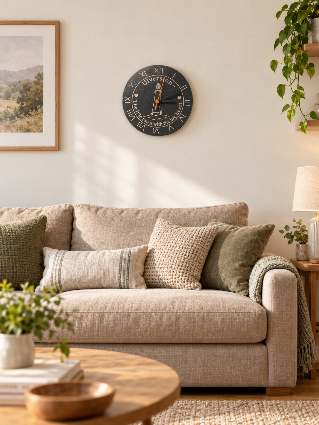 Ulverston 23 cm slate clock mock-up hanging on a living room wall