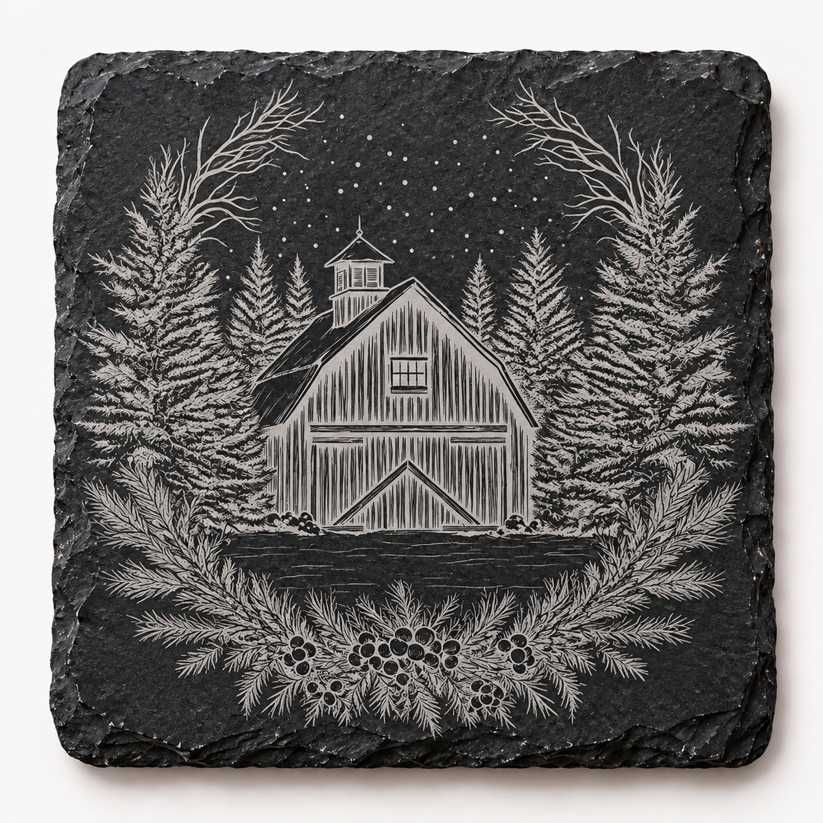 Winter Barn Evergreen Wreath Slate Coaster