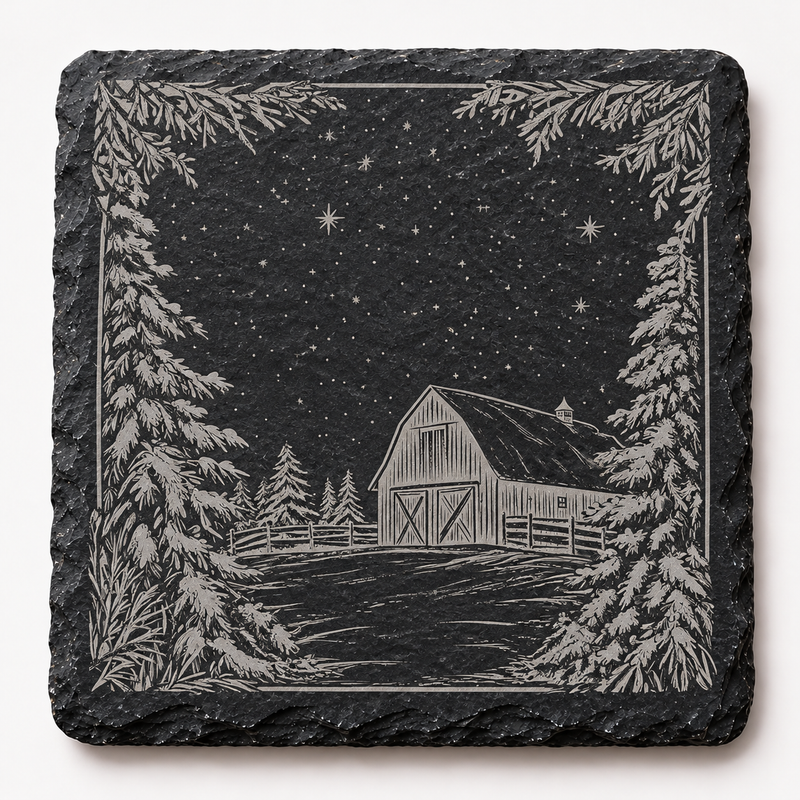 Winter Barn Pine Frame Slate Coaster